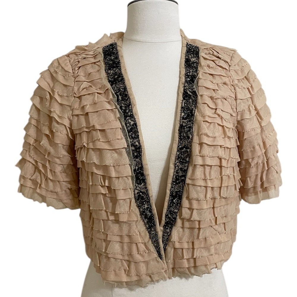 Rare PHARD Tan Silk Layered Ruffle Bolero Cropped Top Gray Glass Beads